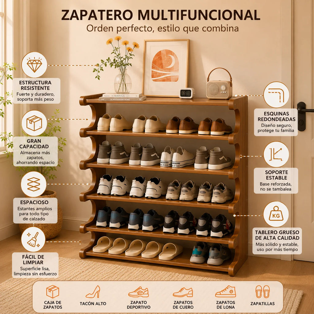 6-Layer Bamboo and Solid Wood Shoe Rack - Large Capacity Entryway Organizer with Open Shelves, Ideal for Home and Bedroom Storage, Entryway Storage