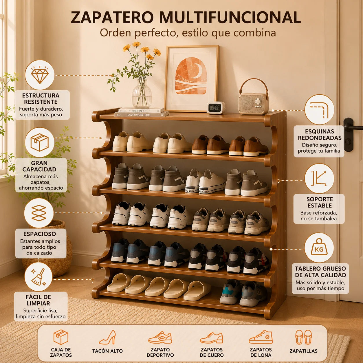 6-Layer Bamboo and Solid Wood Shoe Rack - Large Capacity Entryway Organizer with Open Shelves, Ideal for Home and Bedroom Storage, Entryway Storage