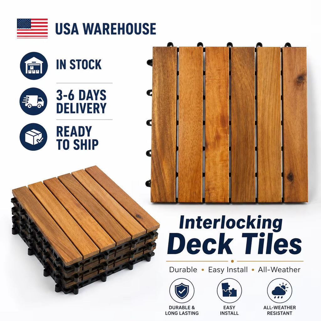 USA Free Freight Acacia Wood Interlocking Deck Tiles 12X12 Inch Outdoor Patio Balcony Flooring, Fast 3-6 Days Delivery