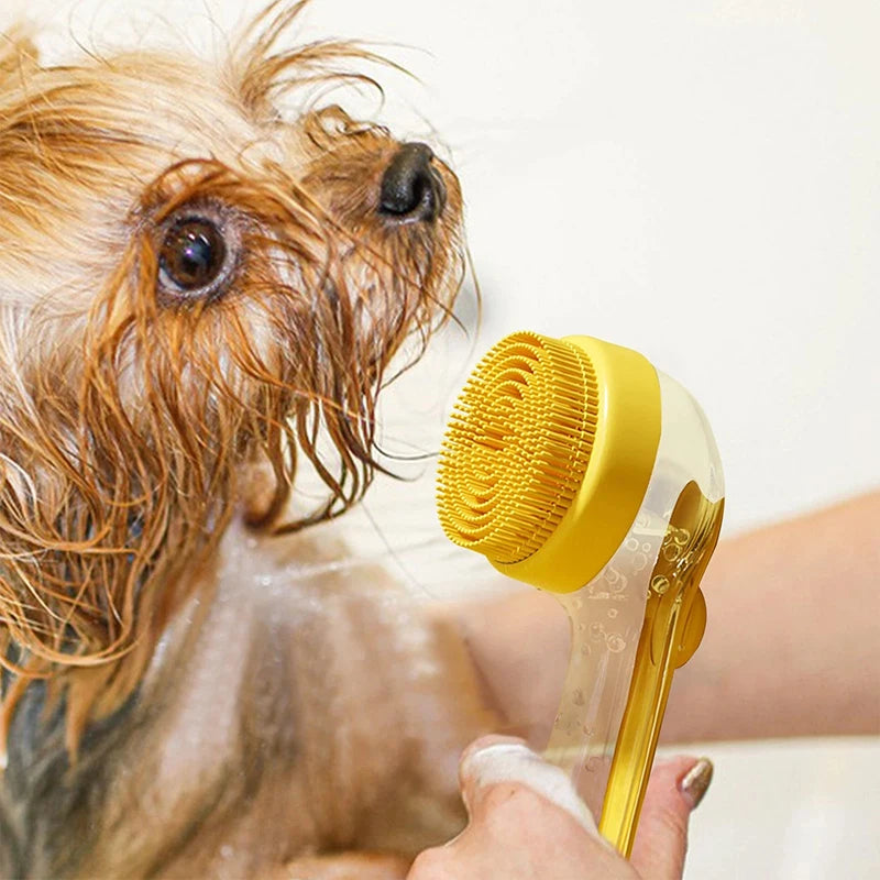 Pet Bathing Brush Long Handle Soft Silicone Shower Clean Tools Grooming Scrubber with Shampoo Dispenser Bath Brush for Dog & Cat