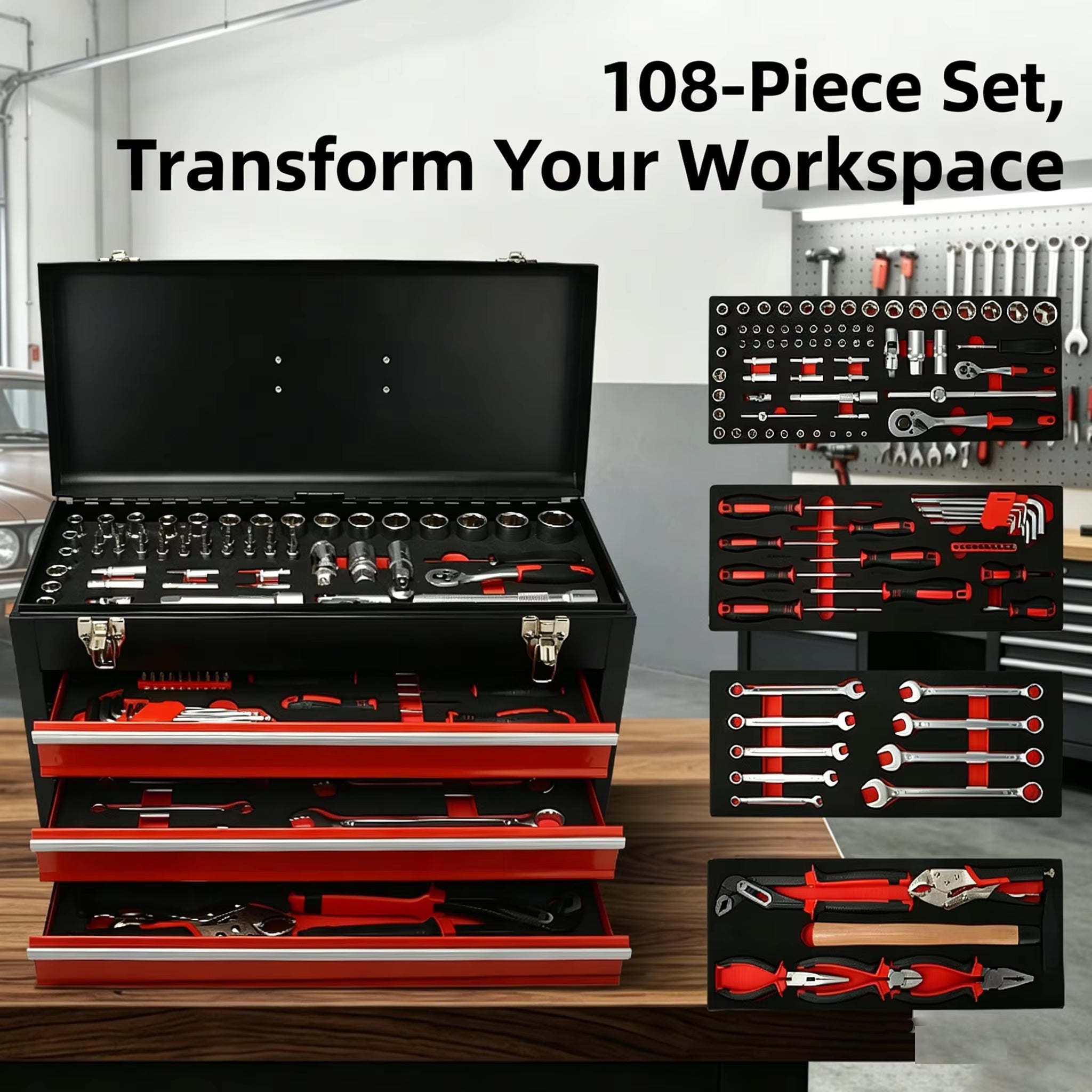108 Piece Mechanic Tool Set with 3 Drawer Metal Tool Box for Auto Repair Workshop Use