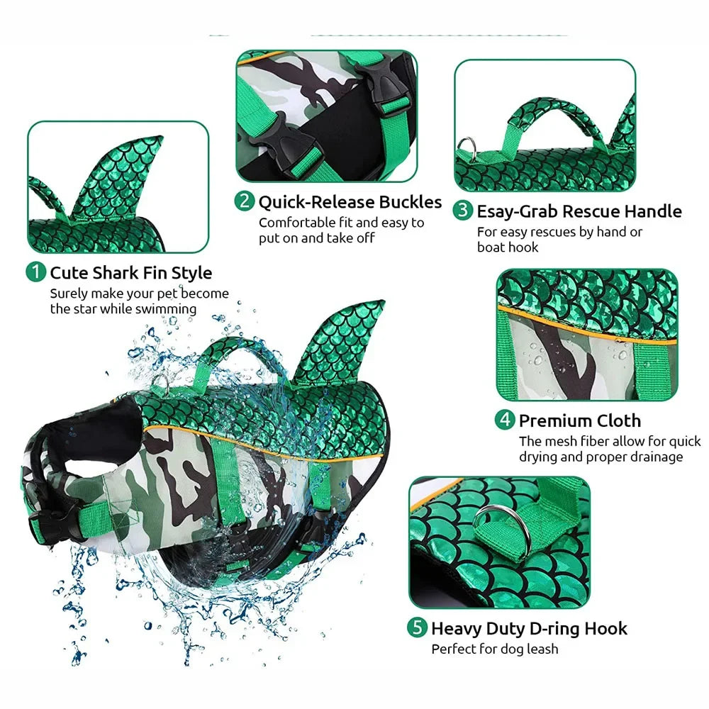Dog Life Jacket Shark Pets Life Vest Adjustable Ripstop Dogs Swimming Safety Vest with Superior Buoyancy Rescue Handle for Dogs