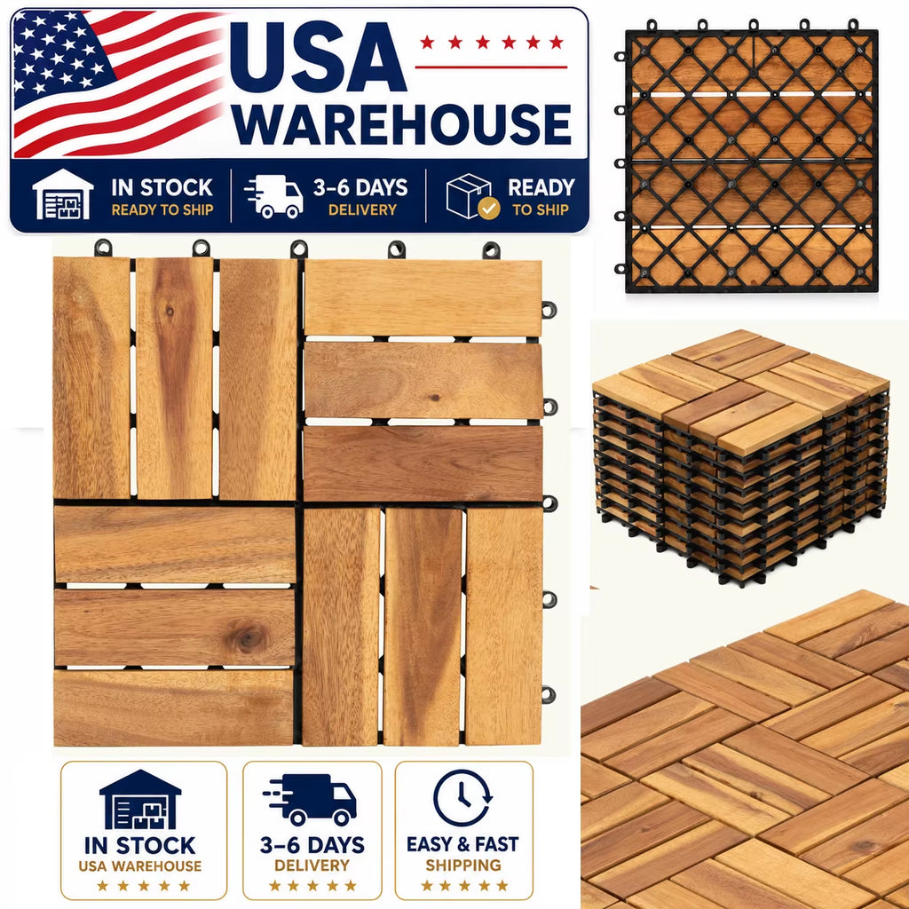 USA Free Freight Acacia Wood Interlocking Deck Tiles 12X12 Inch Outdoor Patio Balcony Flooring, Fast 3-6 Days Delivery