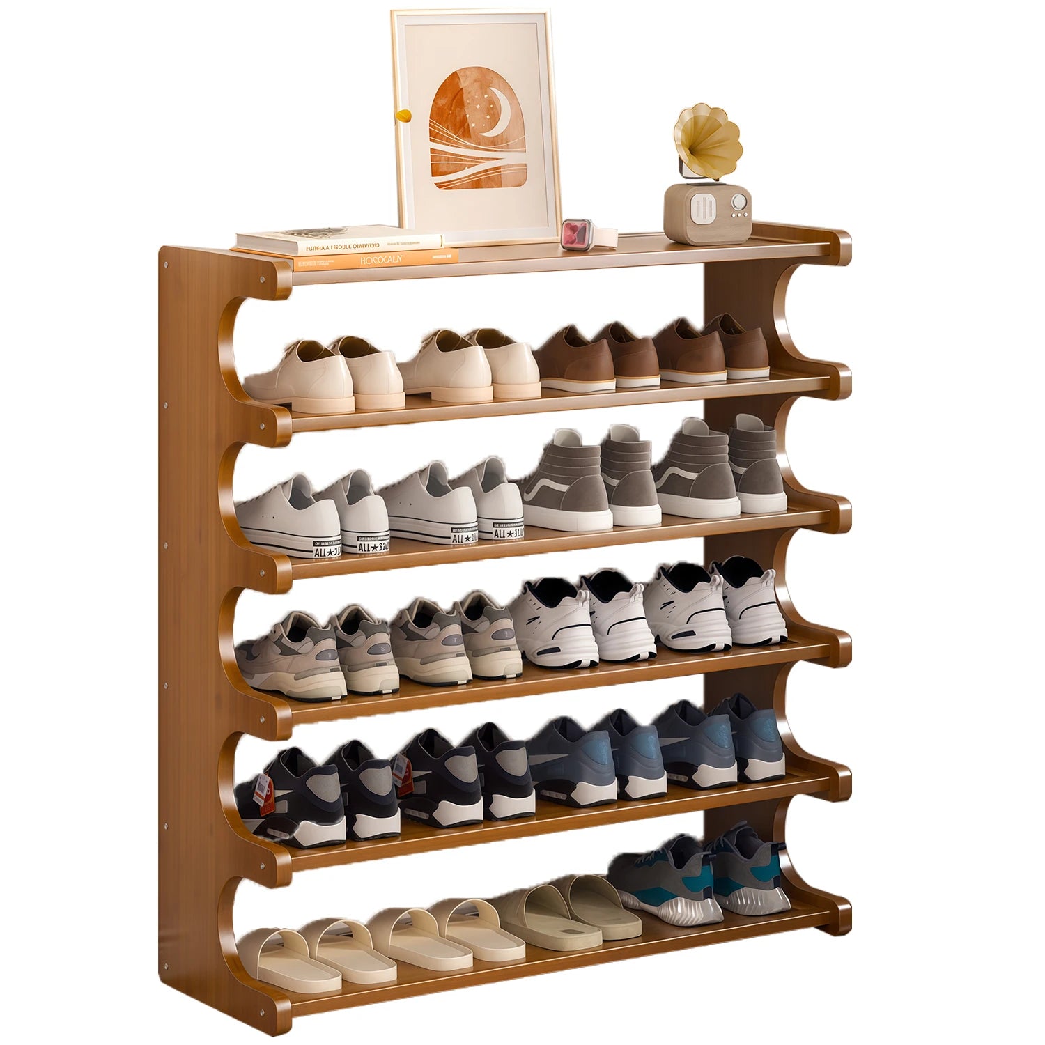 6-Layer Bamboo and Solid Wood Shoe Rack - Large Capacity Entryway Organizer with Open Shelves, Ideal for Home and Bedroom Storage, Entryway Storage