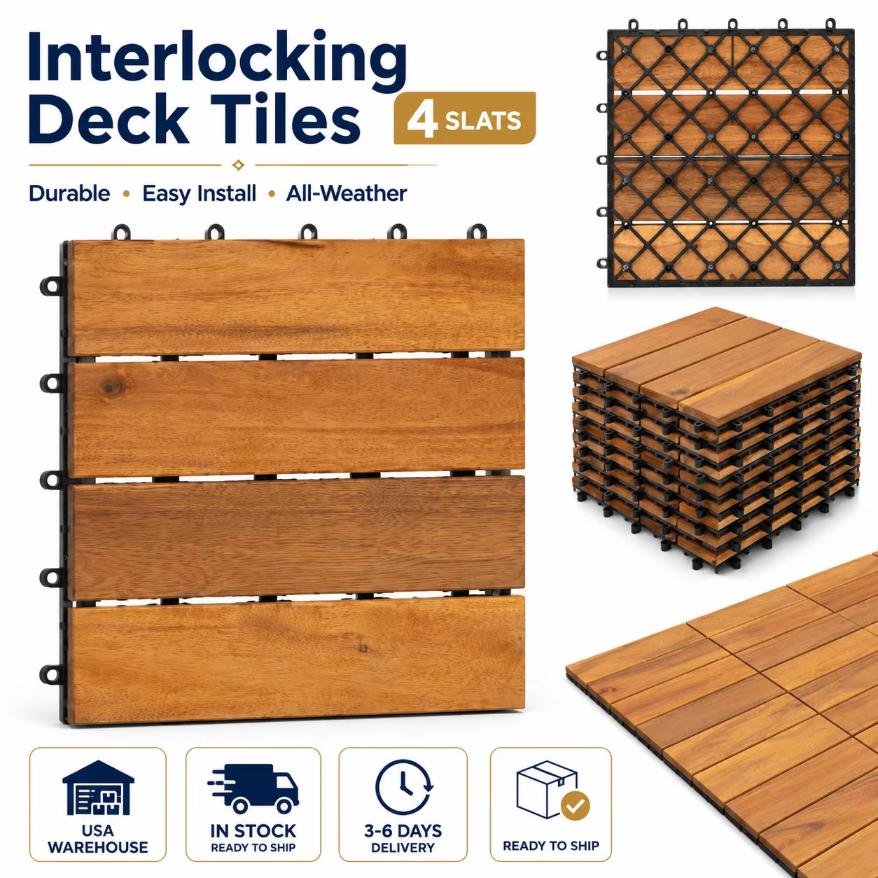 USA Free Freight Acacia Wood Interlocking Deck Tiles 12X12 Inch Outdoor Patio Balcony Flooring, Fast 3-6 Days Delivery
