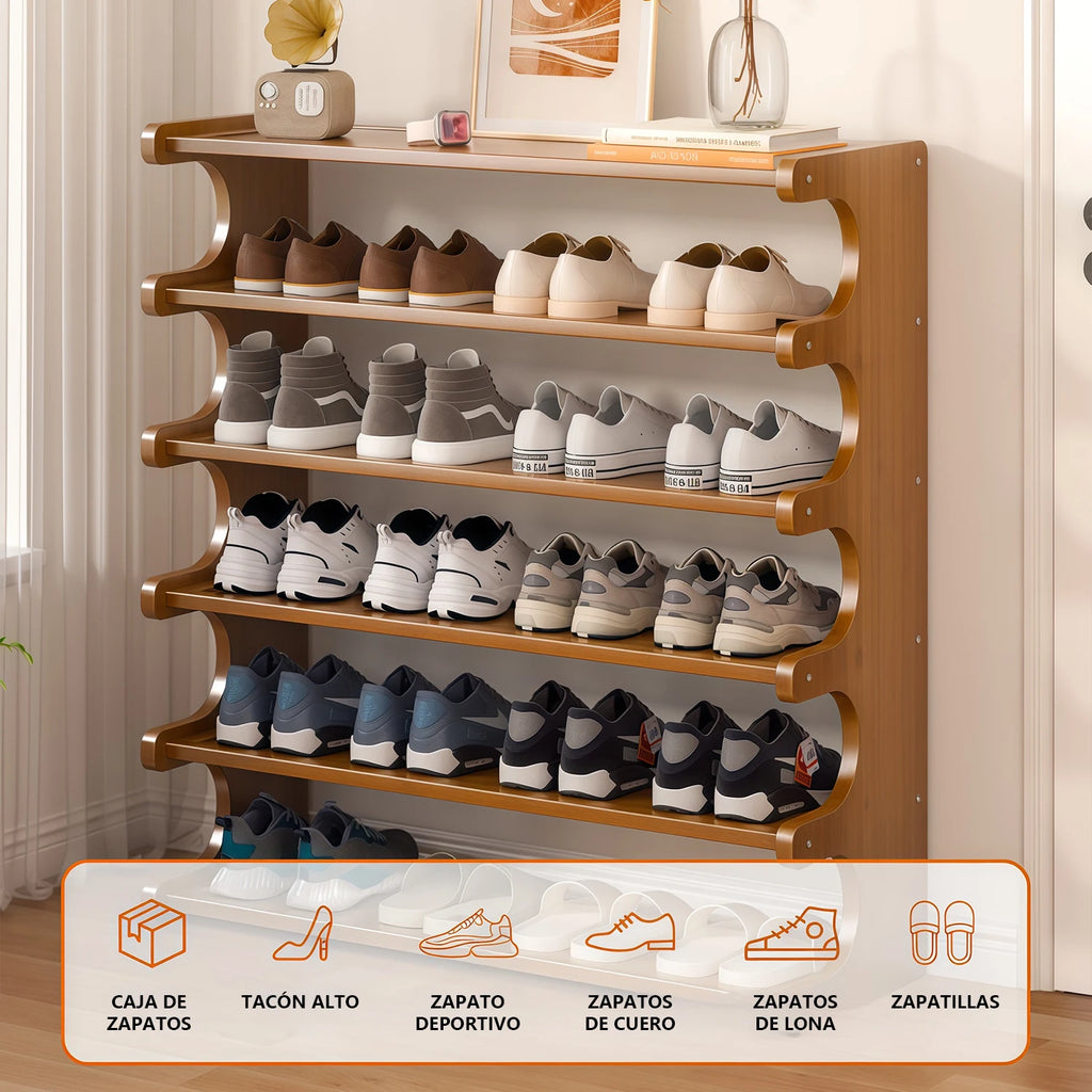 6-Layer Bamboo and Solid Wood Shoe Rack - Large Capacity Entryway Organizer with Open Shelves, Ideal for Home and Bedroom Storage, Entryway Storage