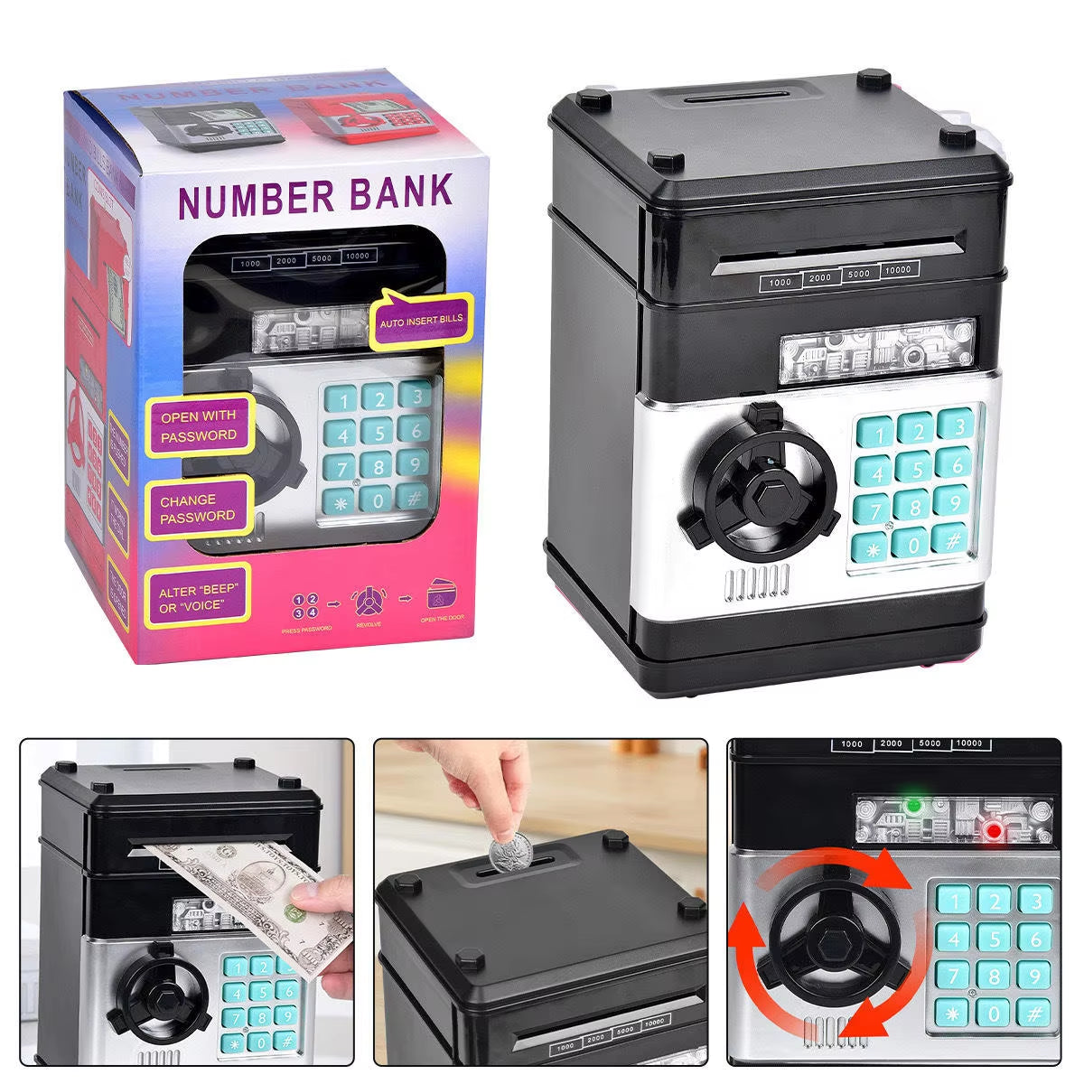 Children Safe Machine Electronic Coins Cash Coded Lock Password ATM Piggy Bank Safety Money Box for Kids Gift Coin Bank