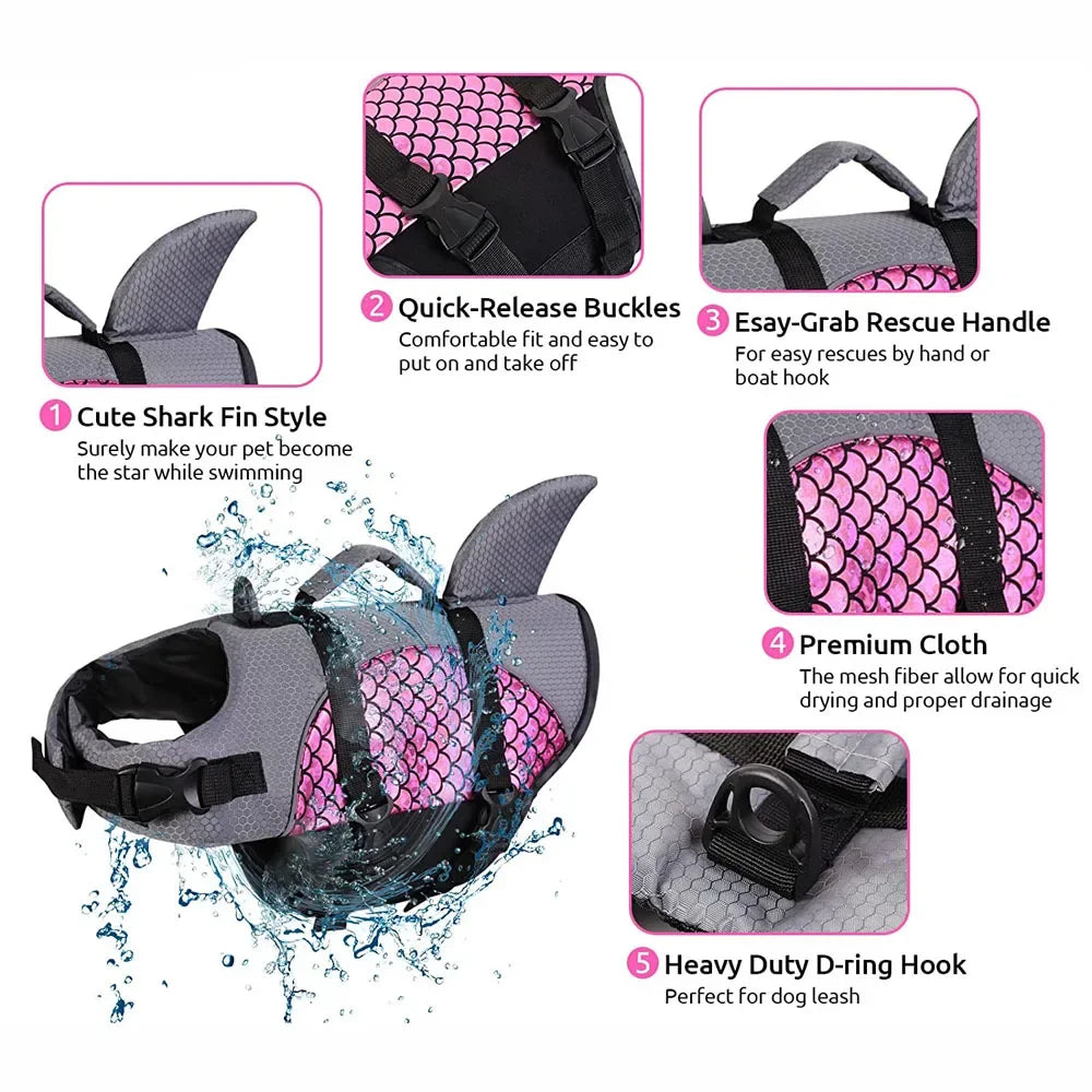 Dog Life Jacket Shark Pets Life Vest Adjustable Ripstop Dogs Swimming Safety Vest with Superior Buoyancy Rescue Handle for Dogs