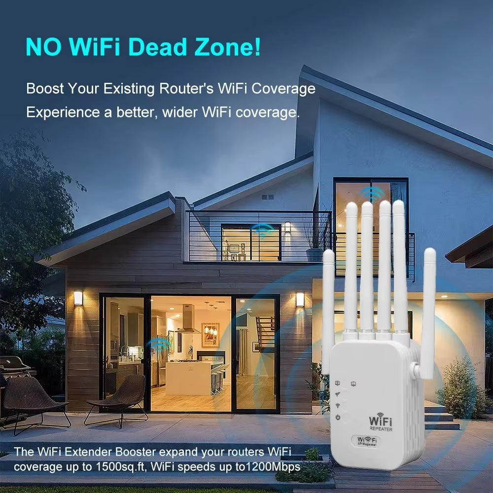 1200Mbps Wifi Repeater Dual Band 2.4G 5G Network Expander Range Extender Signal Booster Amplifier 6 Antenna Wireless Wifi Router