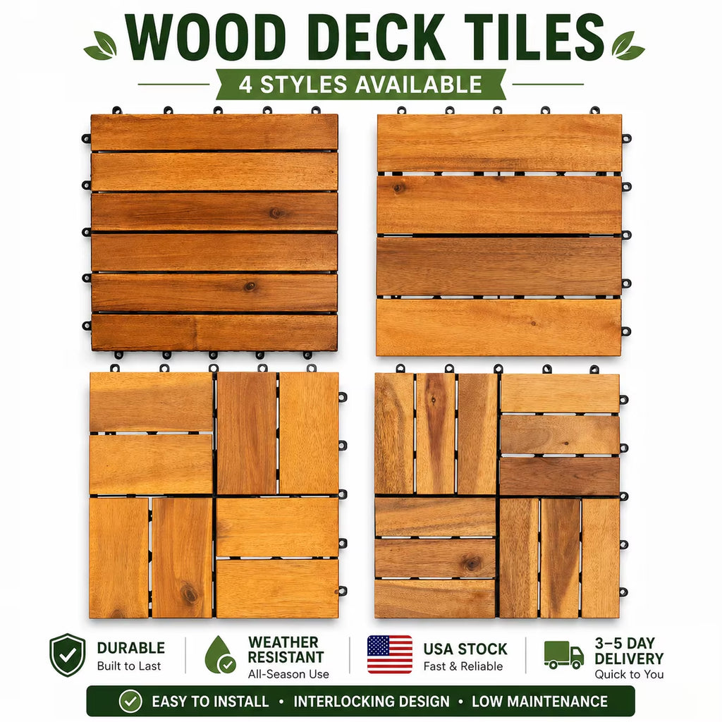 USA Free Freight Acacia Wood Interlocking Deck Tiles 12X12 Inch Outdoor Patio Balcony Flooring, Fast 3-6 Days Delivery
