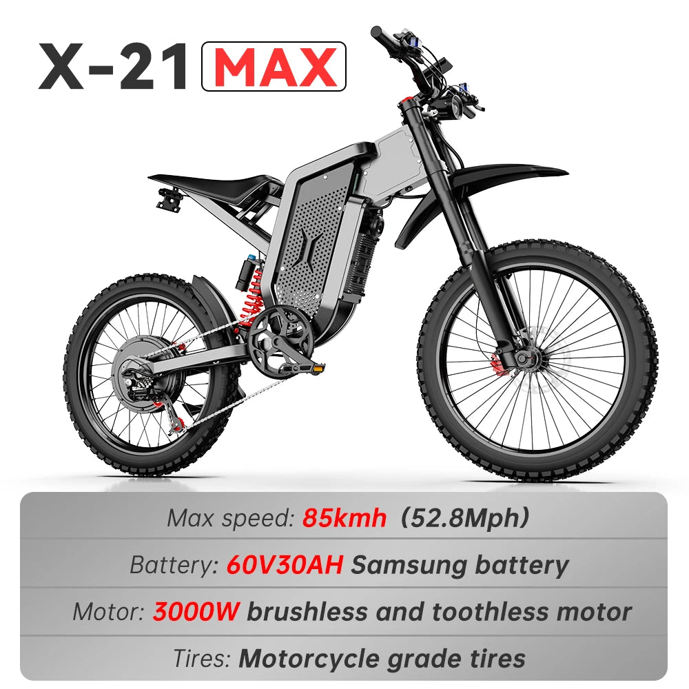 X21 Max Electric Motorcycles 6000W Brushless Gearless Motors 60V30AH Lithium Battery Speed 85Kmh Adult off Road MTB Ebike