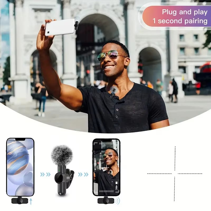 Wireless Lavalier Microphone with Windproof Cover Audio Video Recording Mini Mic for Iphone Android Mobile Phone Microphone